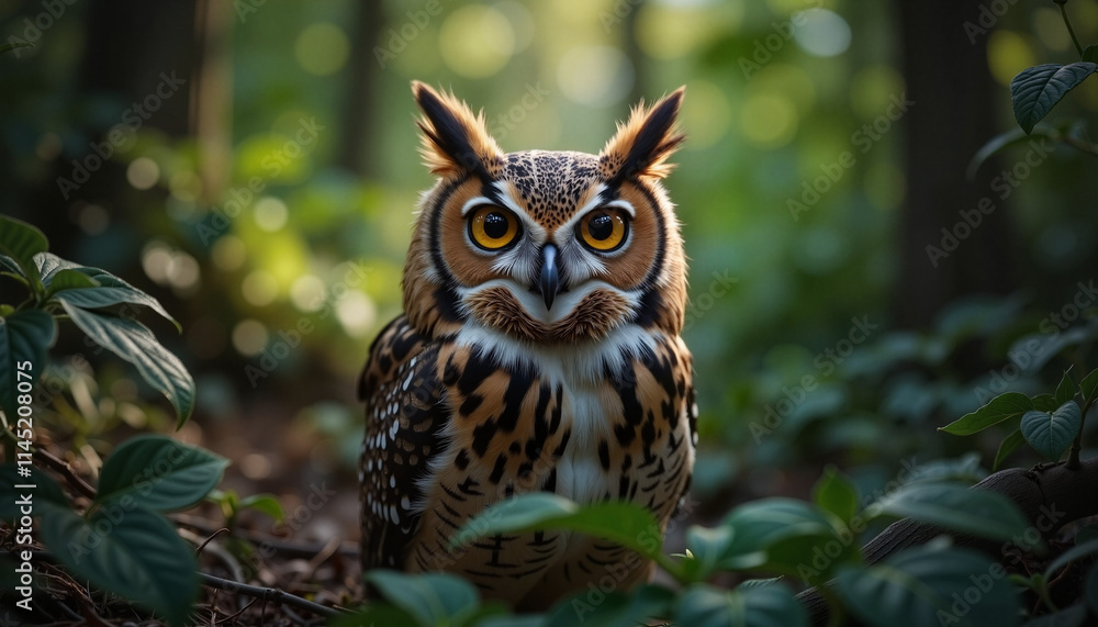 Great horned owl in forest surrounded by greenery. Great horned owl in forest surrounded by greenery.