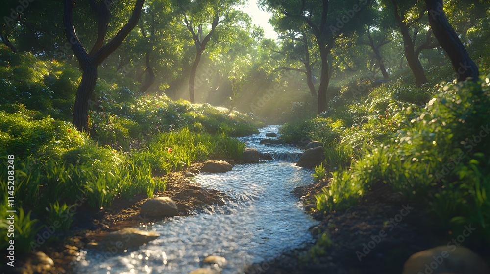 Obraz premium Sunlit stream flows through lush green forest.
