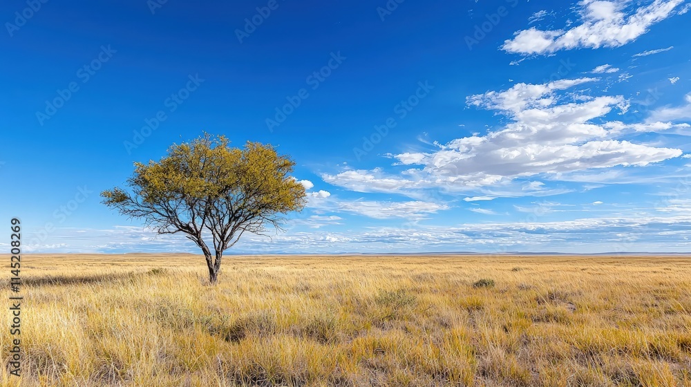 Solitary tree on vast, golden grassland under a vibrant blue sky with fluffy clouds. Solitary tree on vast, golden grassland under a vibrant blue sky with fluffy clouds.