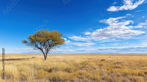 Solitary tree on vast, golden grassland under a vibrant blue sky with fluffy clouds.