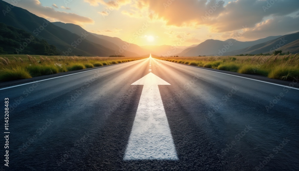 Asphalt road stretches forward with white arrow. Scenic landscape with mountains in background. Sunrise sunset. Pathway motivation progress, continuous growth. Hopeful vision of forward movement. Asphalt road stretches forward with white arrow. Scenic landscape with mountains in background. Sunrise sunset. Pathway motivation progress, continuous growth. Hopeful vision of forward movement.