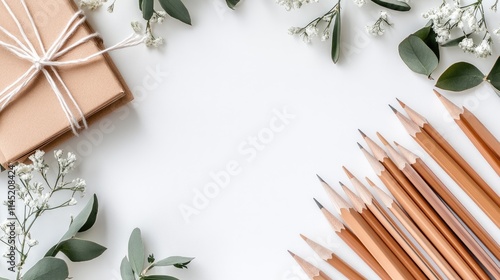 A variety of colored pencils, scissors, and stationery are neatly arranged on a white wooden table, creating an inviting atmosphere for artistic projects and creativity photo