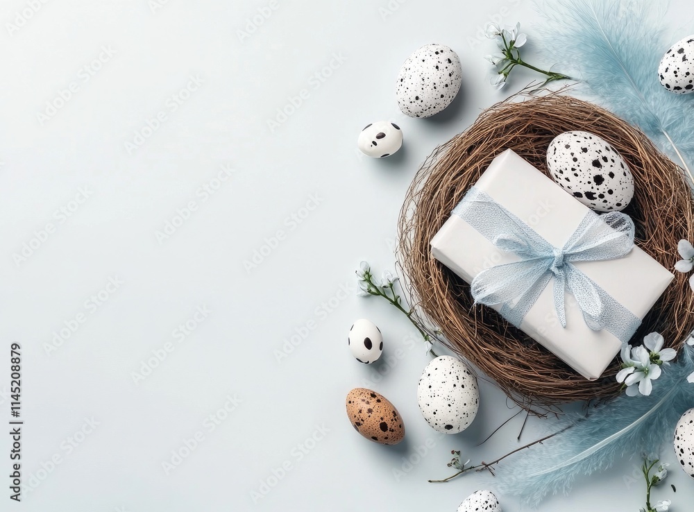 Obraz premium A nest filled with blue and white easter eggs sits on a soft pastel background alongside blue feathers and a wrapped gift, creating a festive atmosphere for spring