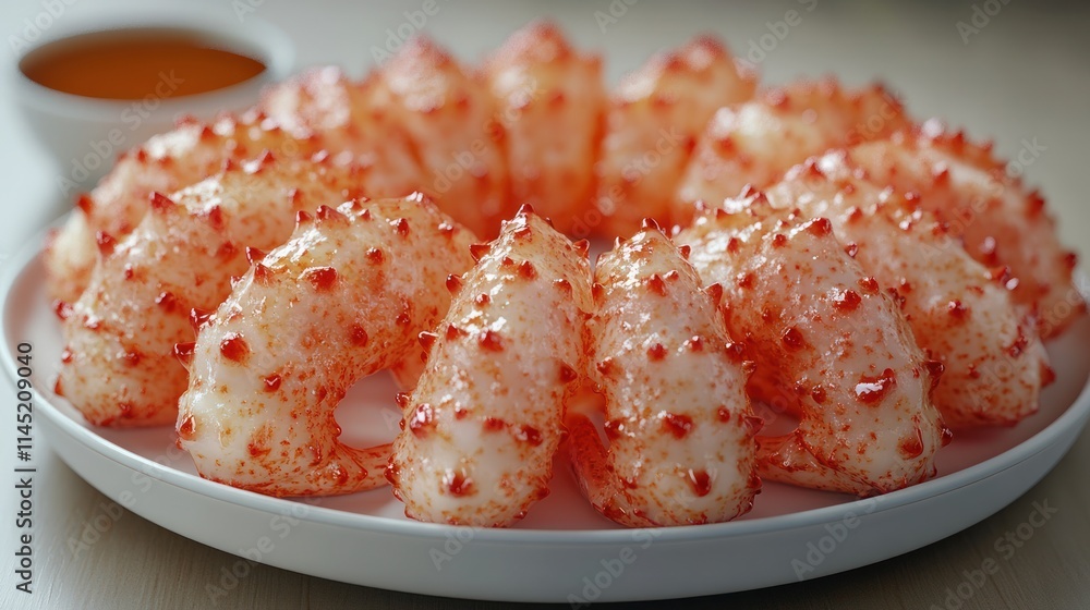 Delicious, prepared king crab legs arranged on a plate with dipping sauce.