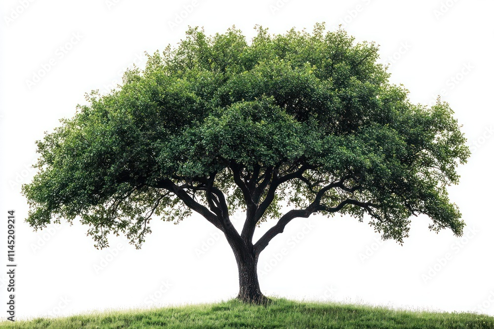 Fototapeta premium Lush green tree on grassy hill, isolated on white background.