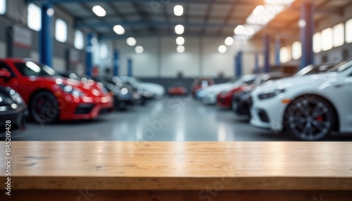 Wooden table top inside car service centre. Blurry background shows cars parked in garage. Interior of busy auto repair workshop. Modern cars visible. Business concept related to transportation, photo