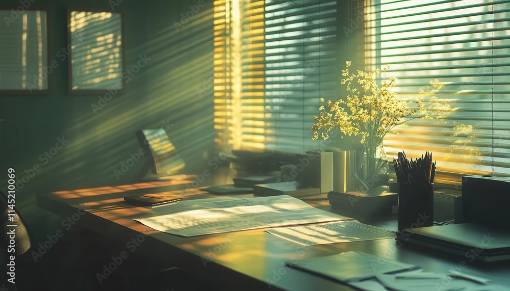 Fototapeta premium A serene office where an investment advisor reviews glowing financial documents, sunlight casting soft shadows