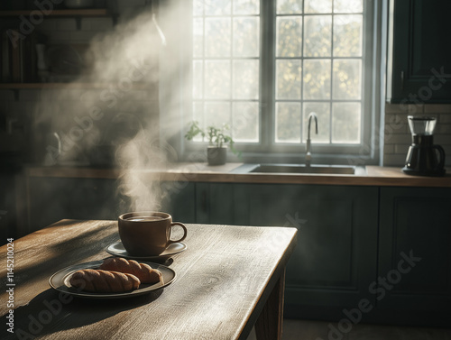 Gemütlicher Kaffeemoment mit dampfender Tasse und frischen Keksen

 photo