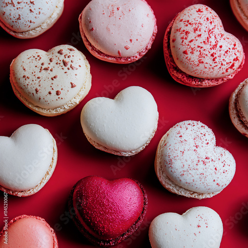 heart shaped Macaron cookies on pink background, flat lay composition for Valentine's day photo