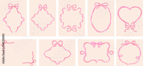 Vintage retro bows frames collection. Prints, greeting cards, wedding and birthday party, invitations. Hand drawn trendy coquette style
