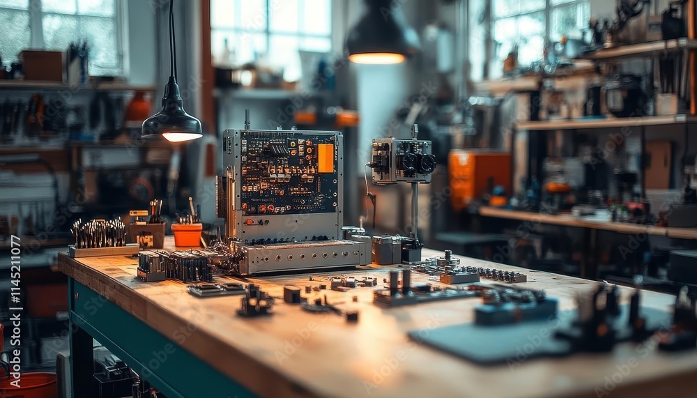 A serene workshop where robotic components are assembled under natural light, tools and parts scattered neatly A serene workshop where robotic components are assembled under natural light, tools and parts scattered neatly