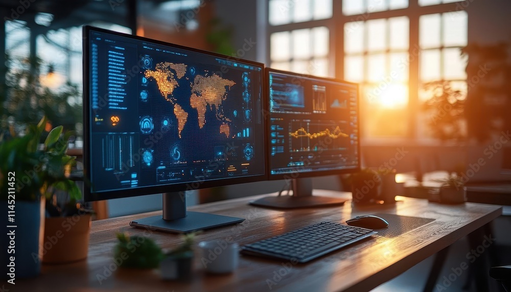 A serene workspace where glowing screens display global connectivity networks, sunlight creating subtle reflections on the table A serene workspace where glowing screens display global connectivity networks, sunlight creating subtle reflections on the table