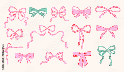 Collection of hand drawn bows, ribbons illustrations