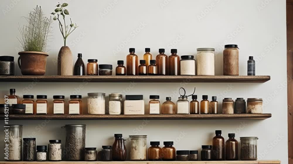 Glass bottles and jars filled with dried herbs, powders, and liquids are neatly arranged on wooden shelves, creating a warm and inviting atmosphere Glass bottles and jars filled with dried herbs, powders, and liquids are neatly arranged on wooden shelves, creating a warm and inviting atmosphere