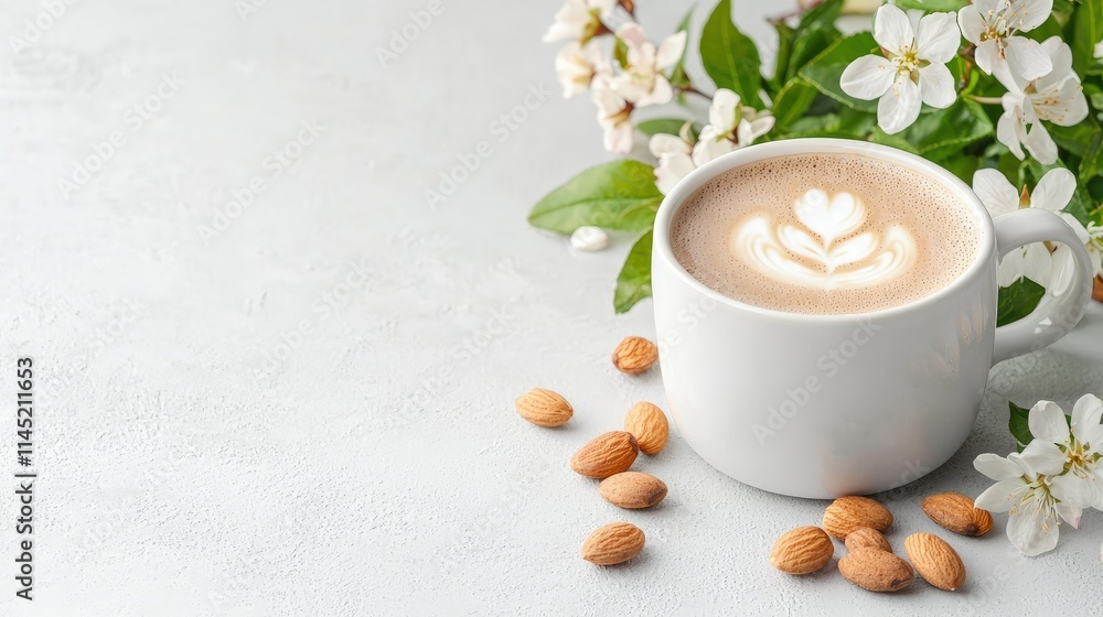 Latte art coffee cup with almond nuts and spring blossoms. Latte art coffee cup with almond nuts and spring blossoms.