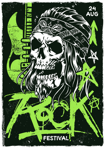 Rock festival poster with skull and guitar design