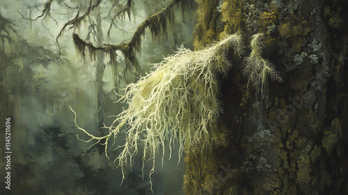 Delicate, wispy strands of bushy beard lichen cling to a moss-covered tree trunk, showcasing nature's intricate beauty in a serene, emerald-hued forest landscape. Lichenous. Illustration photo