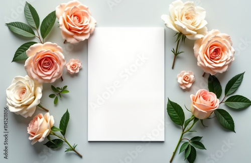 Wallpaper Mural Blank wedding invitation card mockup with beautiful pink roses, leaves. Top view flat lay card template with copy space. Stylish elegant floral decoration for marriage celebration invitation. Trendy Torontodigital.ca