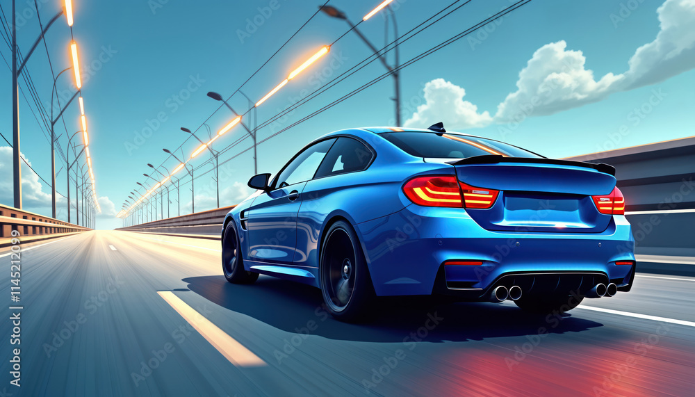 Naklejka premium Blue business car speeding on highway. Rear view of fast car in motion. Modern vehicle on road. Daytime scene on high-speed road. Stylish car with corporate branding. Luxury car on highway. Fast