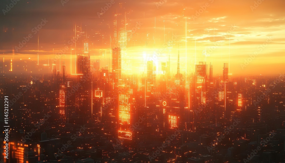 A smart cityscape with IoT devices connected via glowing networks, sunlight creating a balance of realism and futurism