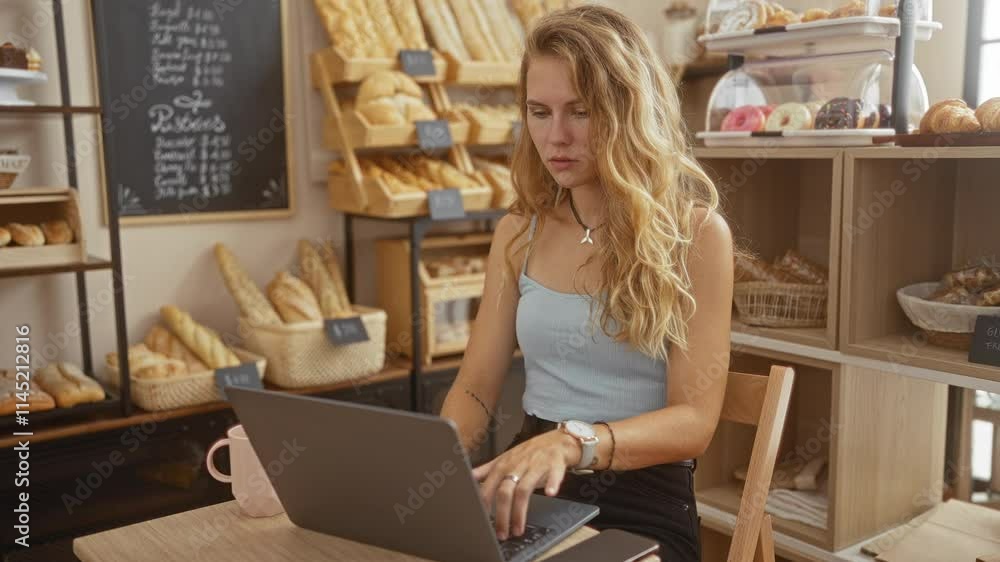 Young blonde woman working on a laptop in an indoor bakery surrounded by shelves filled with various baked goods Young blonde woman working on a laptop in an indoor bakery surrounded by shelves filled with various baked goods