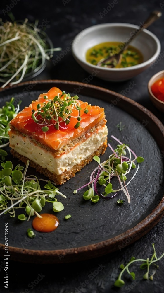Elegant Spicy Cheesecake and Red Fish Sandwich with Creamy Cheese and Microgreens Elegant Spicy Cheesecake and Red Fish Sandwich with Creamy Cheese and Microgreens