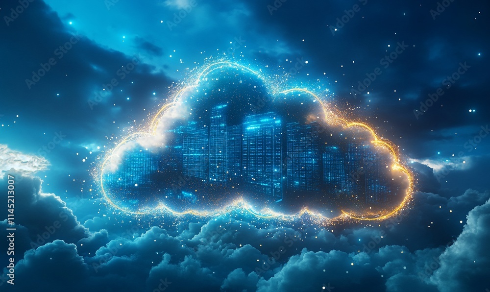 A digital cloud with glowing cityscape elements, symbolizing technology and innovation.
