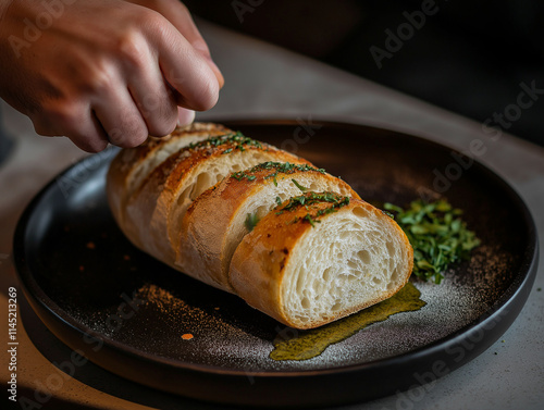 Frisch gebackenes Brot wird kunstvoll in Scheiben geschnitten

 photo