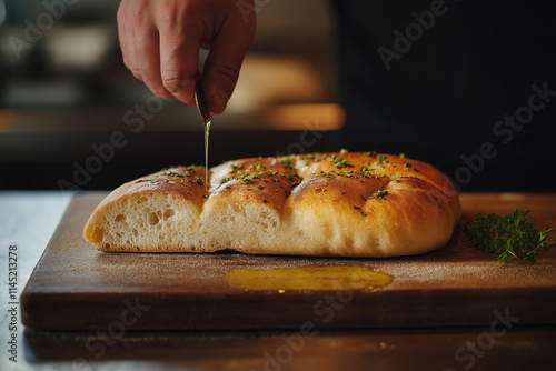 Frisch gebackenes Brot wird kunstvoll in Scheiben geschnitten

 photo