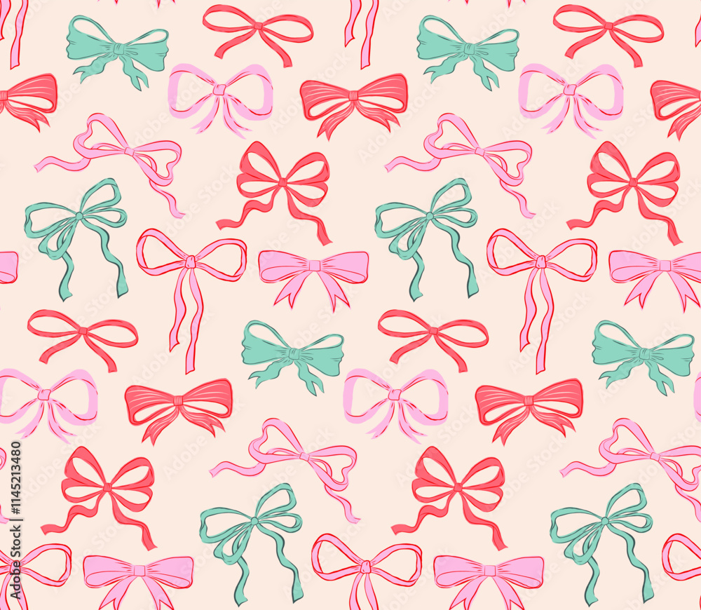 Obraz premium Seamless pattern of hand drawn bows, ribbons. Art, design pattern, background, print