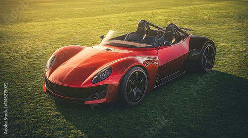 A glossy red GoCoda sports car with sharp black accents parked boldly on the vibrant green grass of a grunge football field.