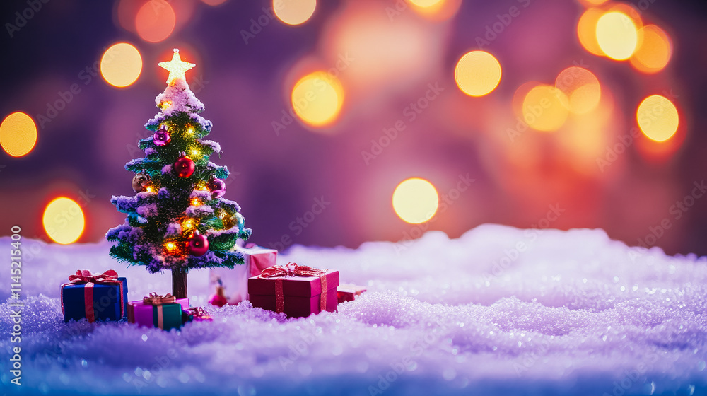 Obraz premium A small Christmas tree is surrounded by presents and sits on a snowy ground