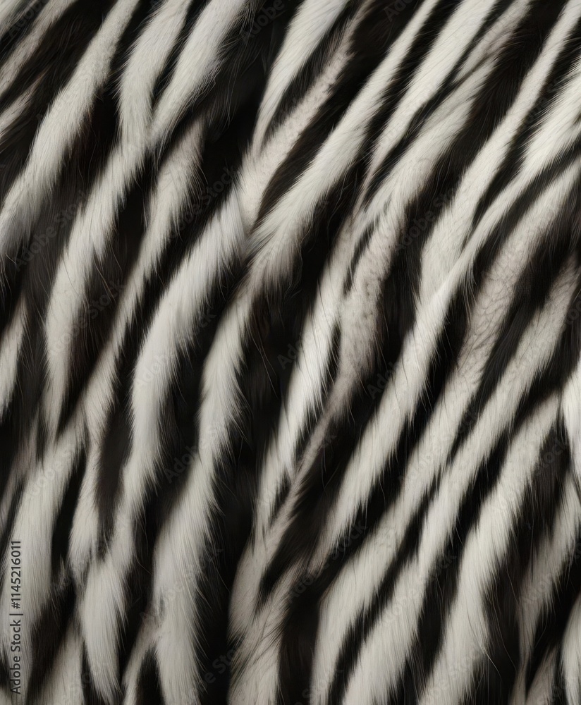 Fur texture with seamless repeating white and black stripes, resembling a tiger's coat, animal hide, wildlife Fur texture with seamless repeating white and black stripes, resembling a tiger's coat, animal hide, wildlife