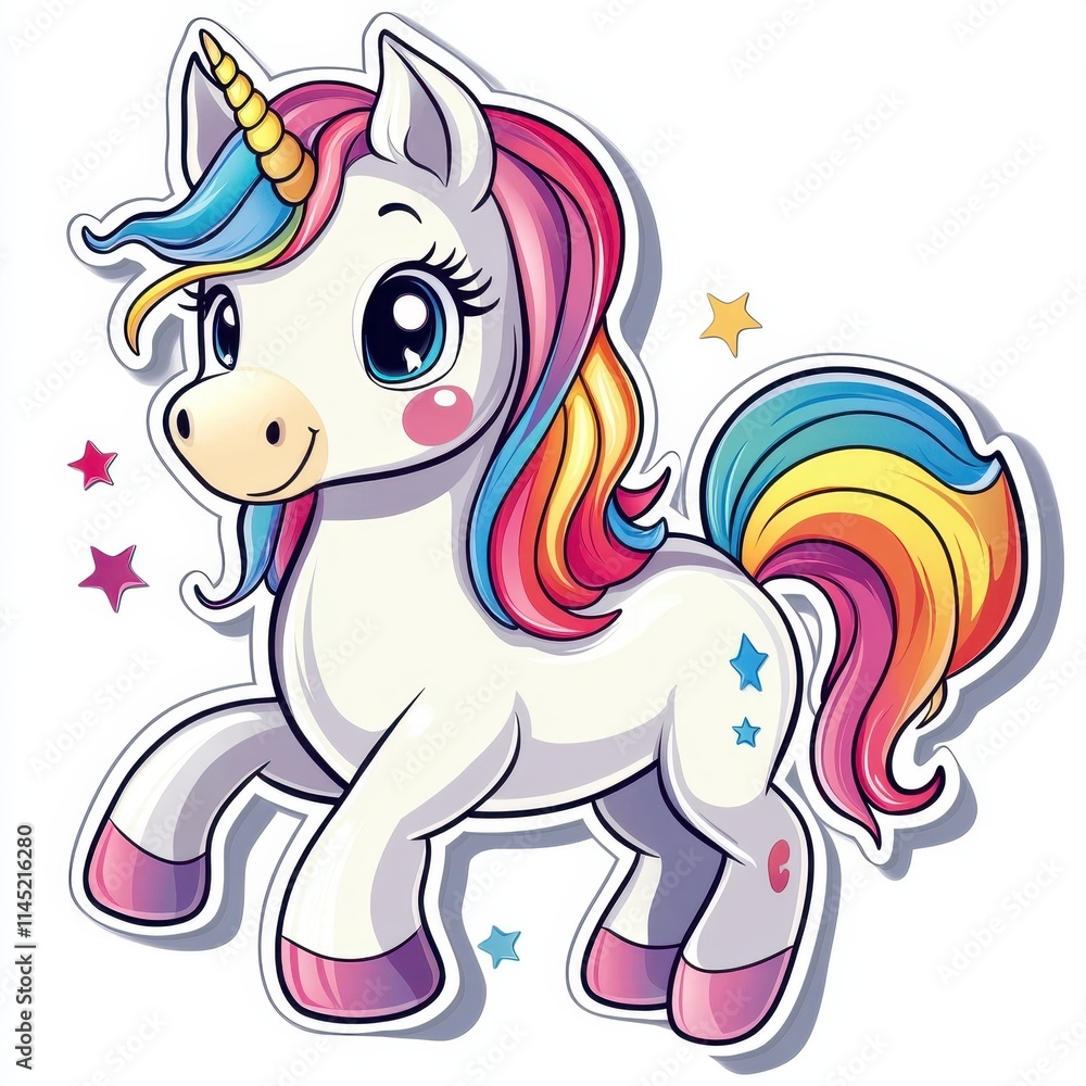 Fototapeta premium Adorable Cartoon Unicorn with Colorful Mane and Sparkling Stars