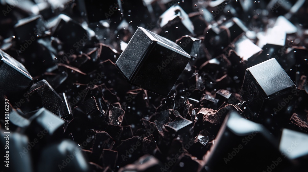 Dark metallic cubes levitate and fall amidst rubble. Dark metallic cubes levitate and fall amidst rubble.