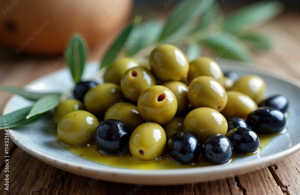 Close-up view of mixed green, black olives in bowl. Olives glistening with olive oil. Fresh olive leaves on top. Healthy snack option. Perfect for vegetarian vegan diet. Image suitable for food Close-up view of mixed green, black olives in bowl. Olives glistening with olive oil. Fresh olive leaves on top. Healthy snack option. Perfect for vegetarian vegan diet. Image suitable for food