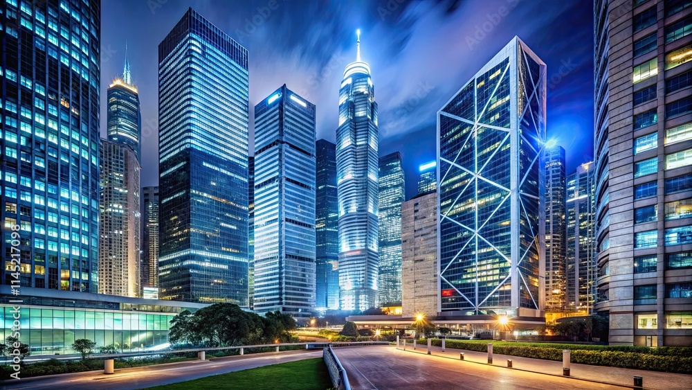 Obraz premium Hong Kong Corporate Buildings at Night, cityscape, skyscrapers, Hong Kong