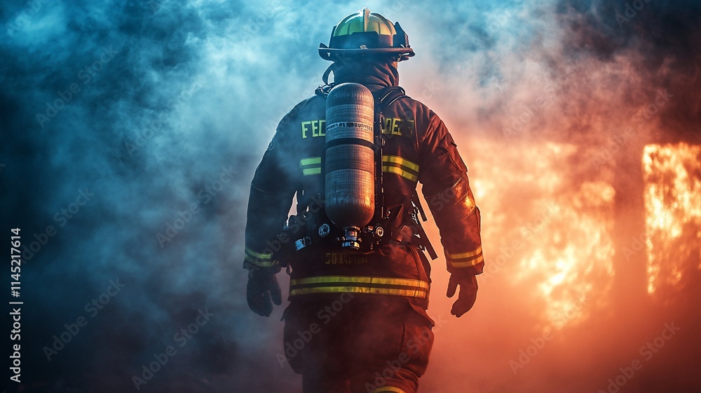 A firefighter approaches a blaze, ready to combat the flames amidst smoke. A firefighter approaches a blaze, ready to combat the flames amidst smoke.