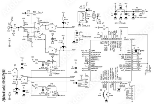 Schematic diagram of digital electronic device 
on paper sheet. Vector drawing electrical circuit with 
integrated circuit, micro controller,
usb connector,
capacitor, resistor, other components.
