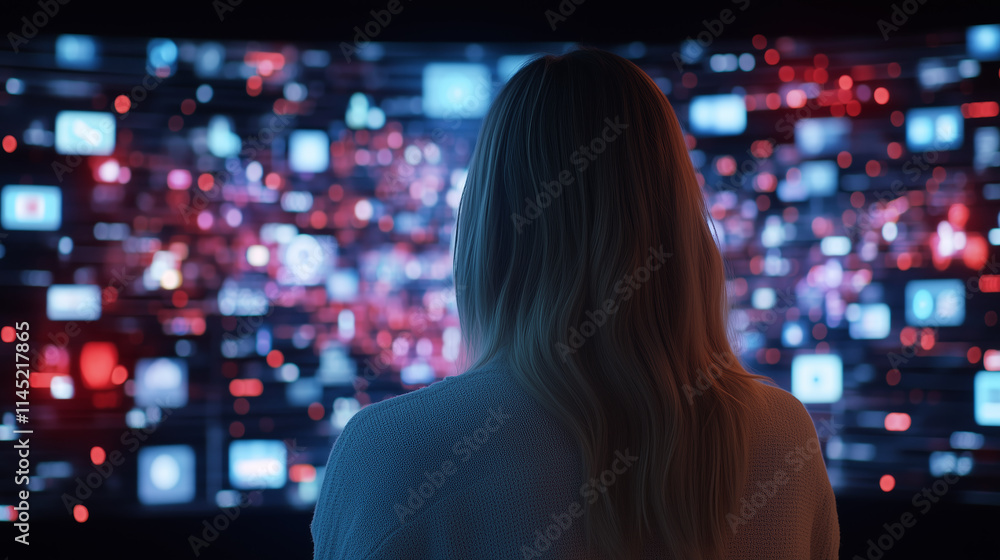 Exploring digital landscapes in a darkened room filled with colorful screens and data visualizations Exploring digital landscapes in a darkened room filled with colorful screens and data visualizations