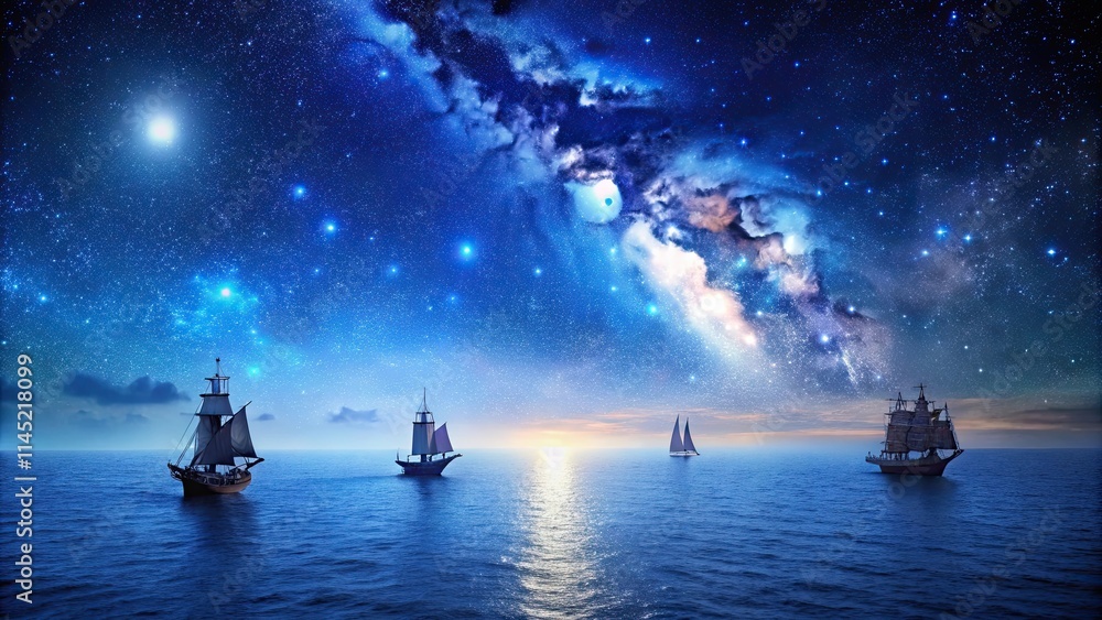 A dark blue ocean with a few ships sailing under a star-filled night sky, ocean, night sky A dark blue ocean with a few ships sailing under a star-filled night sky, ocean, night sky