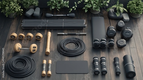 Home gym equipment on wood floor. photo