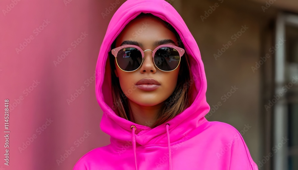Fashion model in pink hoodie and sunglasses. Fashion model in pink hoodie and sunglasses.