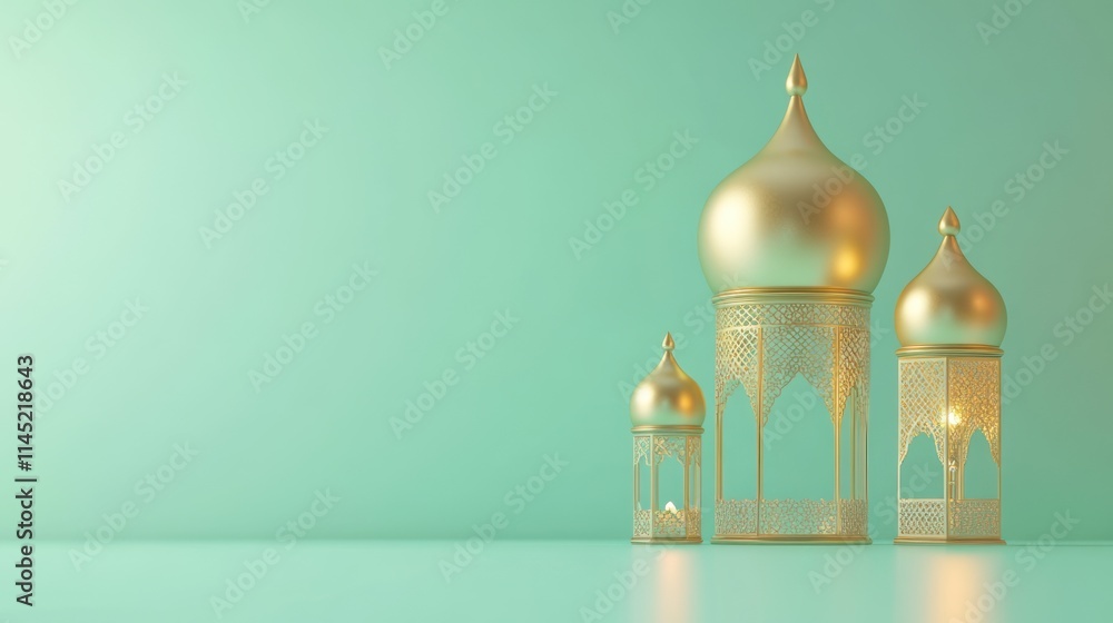 Elegant Golden Islamic Lanterns on Mint Background Elegant Golden Islamic Lanterns on Mint Background