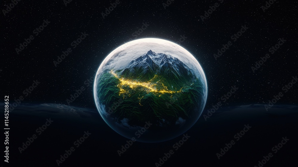 Obraz premium Luminous mountain range on a small planet in space.