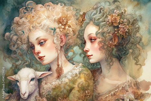 Two curly girl sisters and sheep portrait, watercolor, illustration, watercolor style,   photo