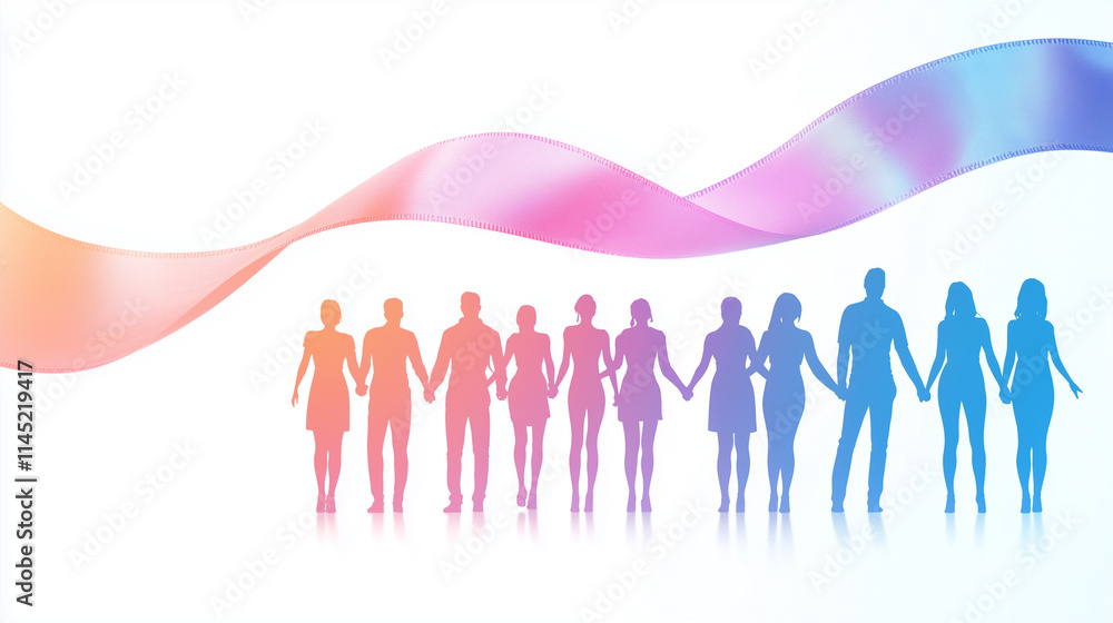 Obraz premium Silhouettes of people standing in a row, holding hands in unity, with a large ribbon, symbol of cancer awareness. World Cancer Day, International Union Against Cancer concept. Copy space, horizontal