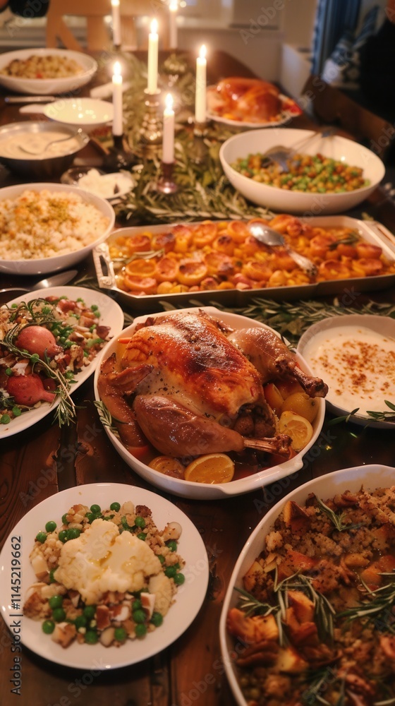 Festive dining table filled with traditional holiday dishes and decorations during a family gathering Festive dining table filled with traditional holiday dishes and decorations during a family gathering