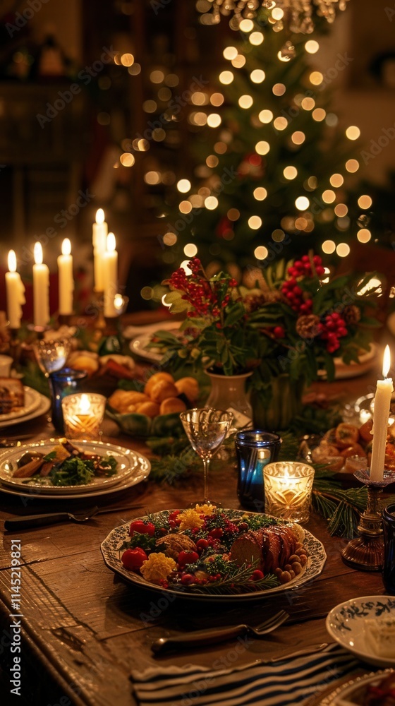 Festive dining table adorned with candles and holiday decor during a Christmas celebration Festive dining table adorned with candles and holiday decor during a Christmas celebration
