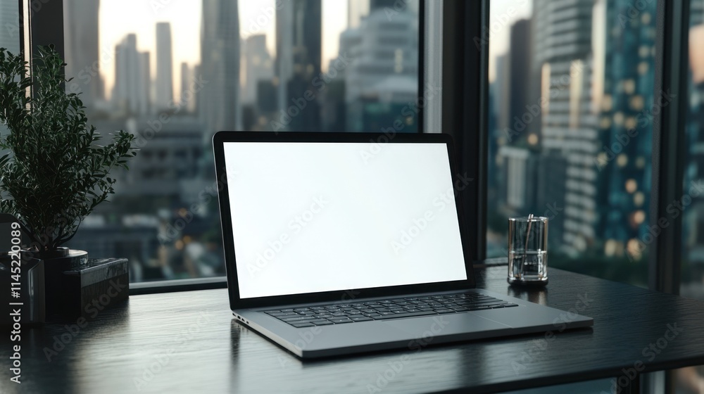 Laptop on Desk with City View at Sunset Laptop on Desk with City View at Sunset